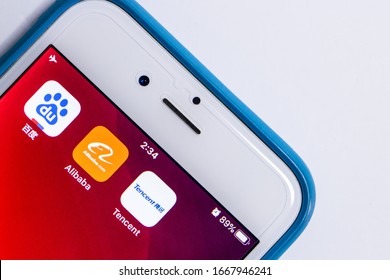Kumamoto, Japan - Mar 5 2020:
Icons Of BAT, China’s Biggest Tech Giants, On An IPhone. Baidu, Alibaba & Tencent Are The 3 Chinese Top Tech Companies That Dominated IT Industry In China.