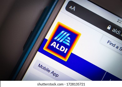 Kumamoto, Japan - May 7 2020 : ALDI brand logo in Aldi.us website on iPhone in dark mood. ALDI is the Germany discount supermarket chains with over 10,000 stores in 20 countries.