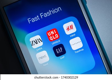 Kumamoto, Japan - May 7 2020 : Brands (ZARA, UNIQLO, H&M, Next, GAP & TOPSHOP) Of Fast Fashion On IOS. A Term Used By Fashion Retailers For Designs That Flow From The Catwalk Quickly To Capture Trends