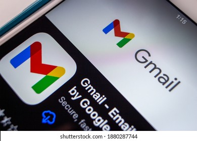 Kumamoto, Japan - Nov 17 2020 : The 2020 new logo of Gmail, a free email service developed by Google, on App Store on iPhone. By 2018, Gmail had 1.5 billion active users worldwide
