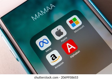 Kumamoto, JAPAN - Nov 2 2021 : Icons Of MAMAA (Meta, Apple, Microsoft, Amazon And Alphabet), 5 Largest And Most Dominant US Tech Companies In The IT Industry, On IPhone.