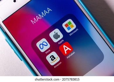 Kumamoto, JAPAN - Nov 2 2021 : The Icons Of MAMAA, Stands For Meta, Apple, Microsoft, Amazon, And Alphabet Inc (Google's Parent Company), 5 Largest US Tech Giants In The IT Industry, On IPhone.