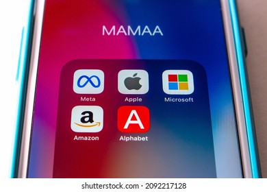 Kumamoto, JAPAN - Nov 2 2021 : Conceptual Image Of MAMAA, Stands For Meta, Apple, Microsoft, Amazon, And Alphabet Inc (Google's Parent Company), 5 Largest US Tech Giants In The IT Industry, On IPhone.