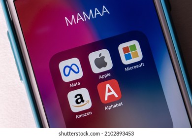 Kumamoto, JAPAN - Nov 2 2021 : MAMAA, stands for Meta Platforms, Apple, Microsoft, Amazon, and Alphabet inc (Google's parent company), 5 largest US tech giants in the IT industry, on iPhone.