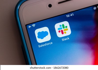 Kumamoto, JAPAN - Nov 27 2020 : Salesforce and Slack apps on iPhone screen.
