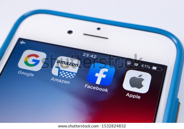 Kumamoto, Japan - Oct 13 2019 :
GAFA apps and icons on an iPhone.
Google, Amazon, Facebook and Apple are the four US multinational IT or online service companies that dominated cyberspace during 2010s