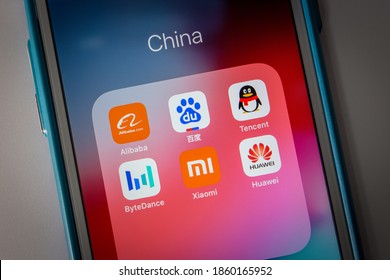 Kumamoto / JAPAN - Oct 2 2020 : China's Tech Giants (The Big Six - Alibaba, Baidu, Tencent, ByteDance, Xiaomi And Huawei) On IPhone On White Background