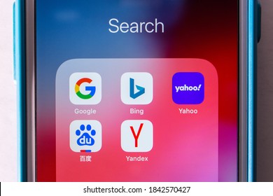 Kumamoto / JAPAN - Oct 20 2020 : Close up top search engine icons (Google, Bing, Yahoo, Baidu and Yandex) on iPhone screen