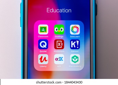 Kumamoto / JAPAN - Oct 3 2020 : Close up popular education apps / services (Classroom, Duolingo, SoloLearn, Quizlet, Photomath, Kahoot!, Udemy, edX and Khan Academy) on iPhone screen