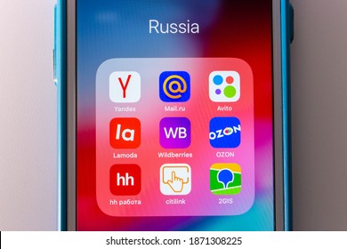 Kumamoto, JAPAN - Oct 3 2020 : Icons of Russian leading internet and tech companies (Yandex, Mail.ru, Avito, Lamoda, Wildberries, Ozon, hh.ru, citilink and 2GIS) on iPhone.