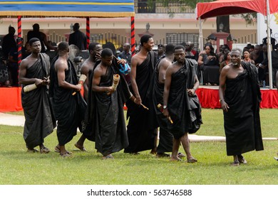 KUMASI, GHANA - JAN 16, 2017: Unidentified Ghanaian People In Black Clothes At The Memorial Ceremony Dedicated To The Queen Mother Of The Asante Kingdom