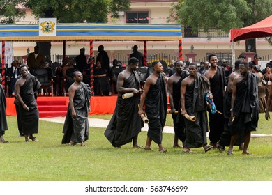 KUMASI, GHANA - JAN 16, 2017: Unidentified Ghanaian People In Black Clothes At The Memorial Ceremony Dedicated To The Queen Mother Of The Asante Kingdom