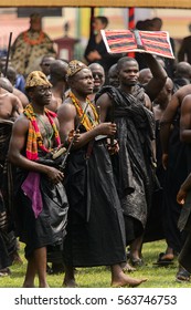 KUMASI, GHANA - JAN 16, 2017: Unidentified Ghanaian People In Black Clothes At The Memorial Ceremony Dedicated To The Queen Mother Of The Asante Kingdom