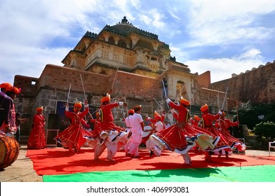 KUMBHALGARH, INDIA - JANUARY 28, 2014: Indian Men In Traditional Clothes Dance At The Open Festival Of Traditional Rajasthan Culture, Kumbhalgarh, India