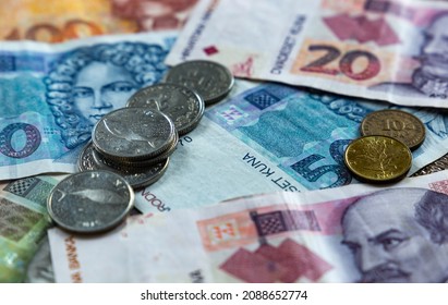 Kuna is the Croatian currency. Banknote and coins. Close-up shot. - Shutterstock ID 2088652774