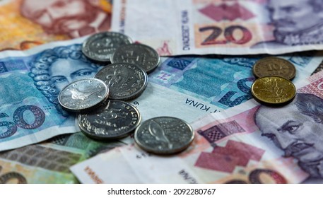 Kuna is the Croatian currency. Banknote and coins. Close-up shot.