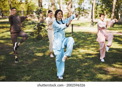 Kung fu female class perfecting their crane stance - Powered by Shutterstock