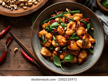 Kung Pao Chicken served in a bowl, featuring a vibrant mix of diced chicken, vegetables, and peanuts, captured from an angle view, professional food photography.