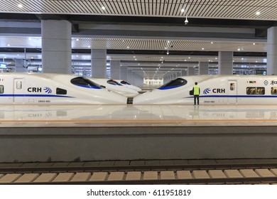 Kunming, China - March 29, 2017:Close Up Of A Chinese Fast Train Inside The Newly Opened High Speed Train Station In Kunming.The New Fast Train Station Links Kunming To Beijing, Shanghai And Guangzhou