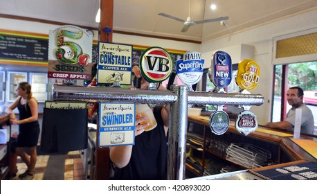 KURANDA, AUS - APR 16 2016:Selection Of Beers In Australian Pub.There Were Almost 184 Million Litres Of Pure Alcohol Available For Consumption In Australia In 2014 About 76 Million Litres Was Of Beer.