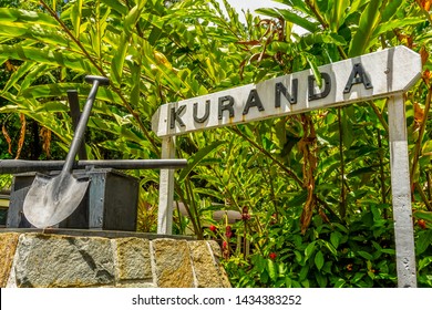 Kuranda Signage at Kuranda Train Station, Queensland, Australia. Exploring Kuranda Scenic Railway through the world’s oldest living tropical rainforest.  - Shutterstock ID 1434383252