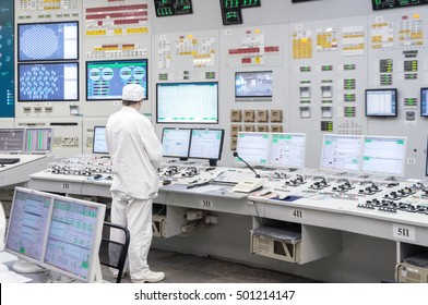 KURCHATOW, RUSSIA - JUNE 23, 2016: The operator monitors the readings of devices and work equipment. Central control unit of Kursk NPP.