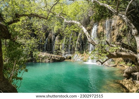 Kursunlu waterfall in Antalya, Turkey. The waterfall is on one of the tributaries of the Aksu River, where the tributary drops from Antalya's plateau to the coastal plain. 
