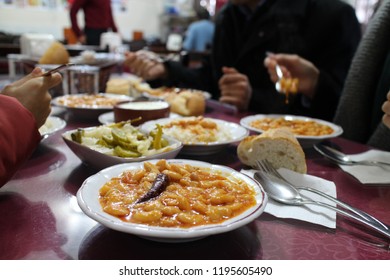 Kuru Fasulye, Dry Bean With Bread And Pickle And Rice And Yogurt Amd Spoon And Fork. Taken In Süleymaniye İstanbul