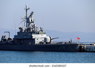 Kusadasi, Turkey​ -​ June 2021: TCG Yildiz missile boat (P-348) in Kusadasi port. Turkish naval forces in Aegean sea