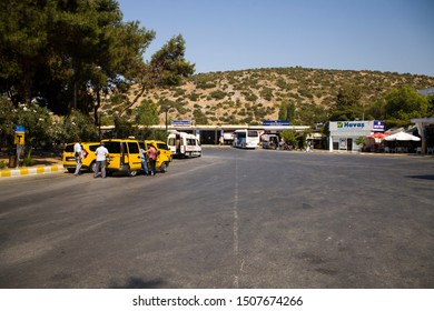 Kusadasi, Turkey - September 17, 2019: Bus station in Kusadasi, Turkey. Coach and dolmus stop and taxi.