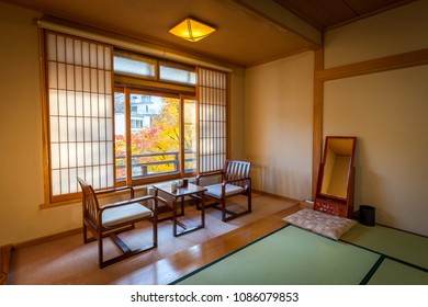 Kusatsu, Gunma / Japan - October 27 2017: A view of a Japanese table set in beautiful traditional Ryokan room at daytime during fall