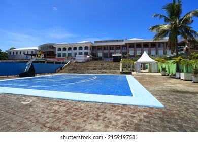 Kuta, Bali, Indonesia - March 17, 2022.
View of Discovery Shopping Mall from the beach side showing it as a rundown building in disrepair in March 2022.