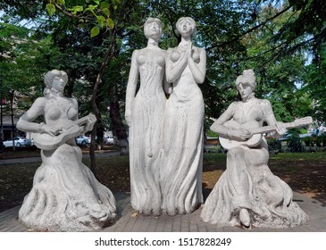 Kutaisi, Georgia - August 30 2019: The Monument Of The Ishkhneli Sisters (natives Of Kutaisi), Quartet Of Georgian Singers Who Performed Traditional Georgian Music. 