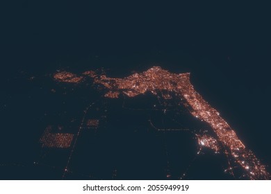 Kuwait Aerial View At Night. Top View On Modern City With Street Lights. Satellite View With Glow Effect