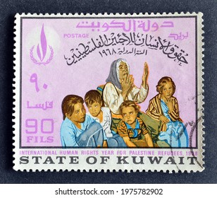 Kuwait - Circa 1968 : Cancelled Postage Stamp Printed By Kuwait, That Shows Palestinian Refugees, Circa 1968.