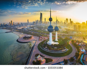 Kuwait City 02/25/2018: Watching over the beautiful sunset of Kuwait City. The wonderful Kuwait Towers loom in the foreground.