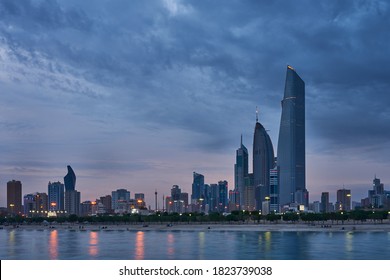KUWAIT CITY, KUWAIT - 2 NOV 2018 The skyline of Kuwait at dusk dominated by Al Hamra Tower.                           