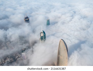 Kuwait City - DECEMBER 7, 2021: Main City Building Covered With Fog Early Morning