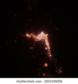 Kuwait City Lights Map, Top View From Space. Aerial View On Night Street Lights. Global Networking, Cyberspace. High Resolution