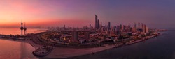 Kuwait City Sunrise With 3 Tower  And Panorama View, Droneshot