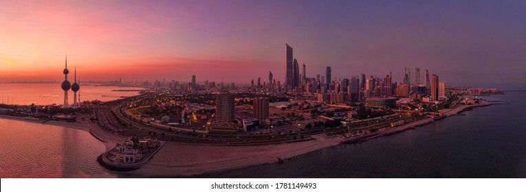 Kuwait City Sunrise with 3 Tower  and Panorama view, Droneshot - Powered by Shutterstock