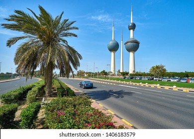KUWAIT CITY/KUWAIT - April 12, 2019: Famous Kuwait Towers. View from the highway.