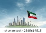 Kuwait national flag waving with modern cityscape. A beautiful national flag poster. Kuwait national flag for independence day.