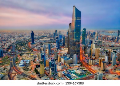 Kuwait Tower City Skyline glowing at night, taken in Kuwait City, Kuwait on the 27th of December 2018