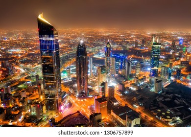 Kuwait Tower City Skyline glowing at night, taken in Kuwait City, Kuwait on the 27th of December 2018