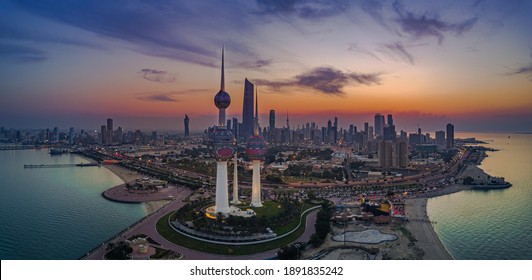 Kuwait Towers Sunset Aerial Panorama