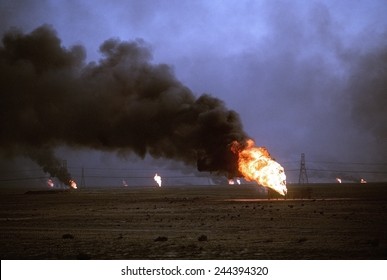 Kuwaiti Oil Wells Set On Fire By Retreating Iraqi Forces During Operation Desert Storm Darken The Sky With Smoke. Mar. 1 1991