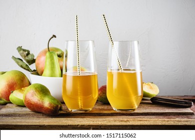 Kvass Apple And Pear Drink, Fresh Fruits On A Wooden Table.