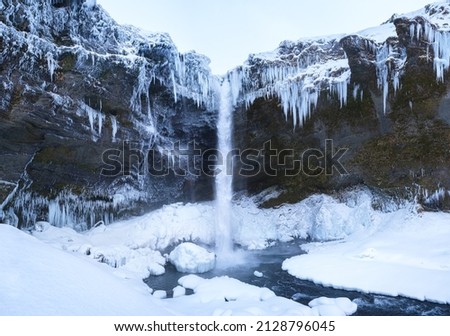 Kvernufoss waterfall, Iceland. Icelandic winter landscape.  High waterfall and rocks. Snow and ice. Powerful stream of water from the cliff. A popular place to travel in Iceland.