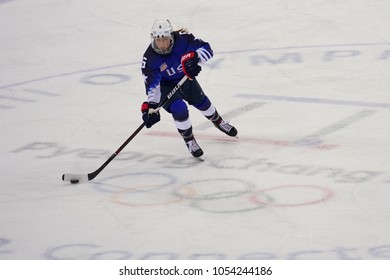 KWANDONG, SOUTH KOREA - FEBRUARY 13, 2018: Olympic Champion Kali Flanagan Of Team United States In Action Against Team Olympic Athlete From Russia During Women's Ice Hockey Preliminary Round Game